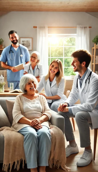 DALL·E 2025-03-23 07.06.16 - A realistic vertical image showing a warm and joyful home palliative care scene. An elderly patient is sitting or lying comfortably in a well-lit room